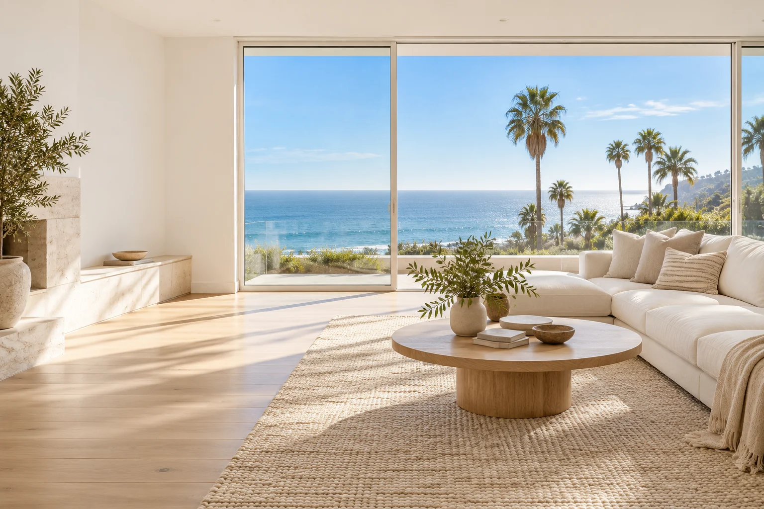 Illustrative sunlit coastal California home with an ocean view, cream sofas, and a natural oak table