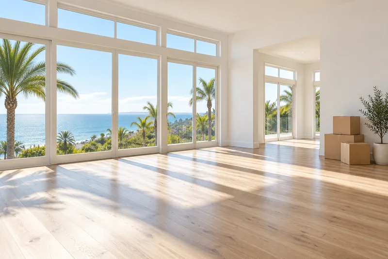 Illustrative bright empty home with oak floors and moving boxes